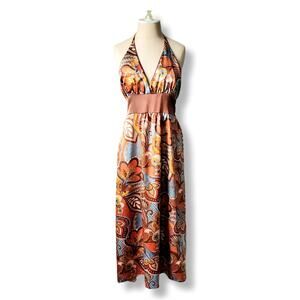 Vtg Y2K 90s Satin Halter Midi Maxi Dress M Boho Hippie Festival Floral Fairy